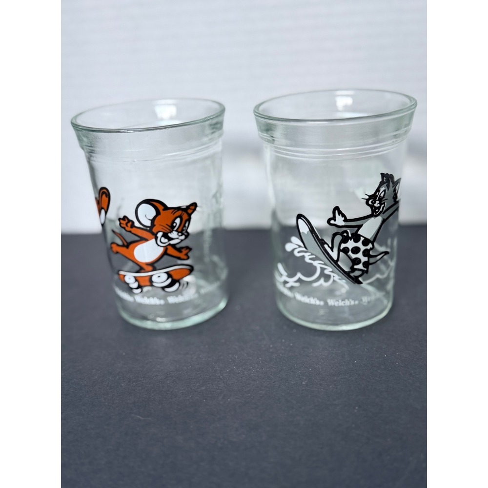 Vintage 1990 Welch's Tom and Jerry Jelly  Glasses Set of 2 Skateboard Scene